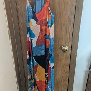 Nicole Miller New York Satin Abstract Geometric Print Maxi Slip Dress-Large